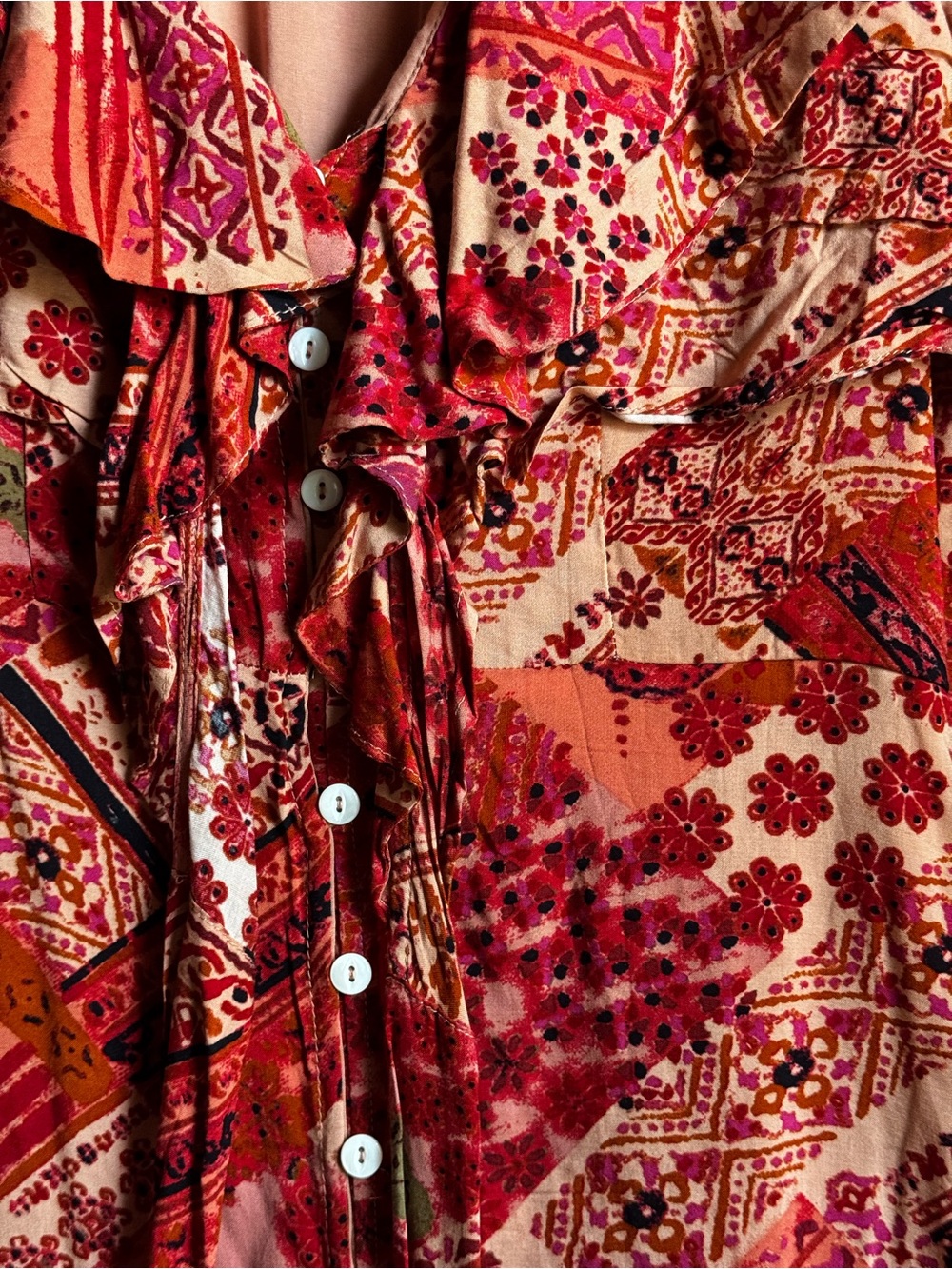 Free People Pink & Red Patterned Maxi Dress with Ruffle V-Neck - Picture 4 of 8